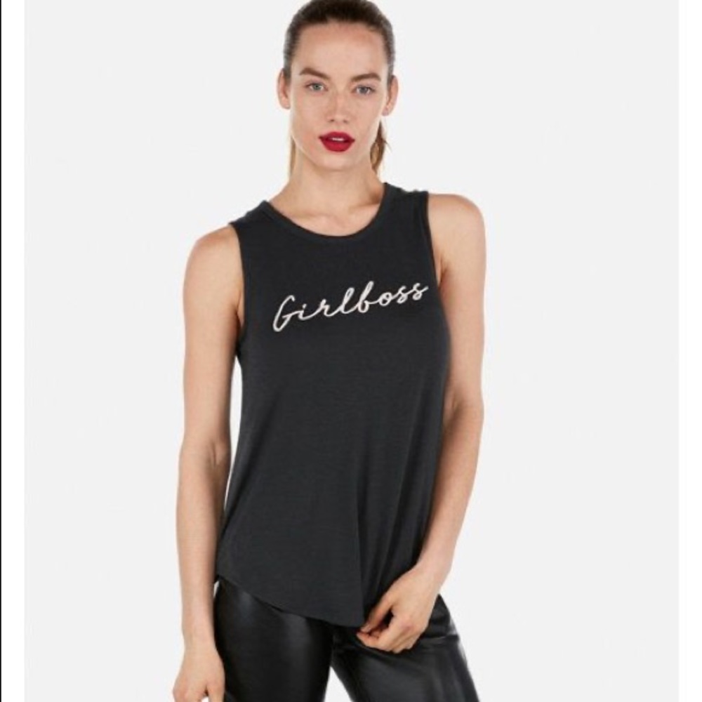 NWT Express Girl Boss Graphic Shirttail Sleeveless Tank, Dark Gray XS
